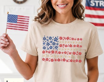 American Flower Flag Shirt, Floral Patriotic Tshirt, 4th of July Tee, 250th Anniversary Shirt