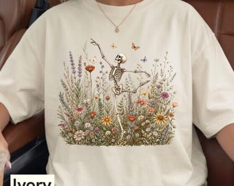 Skeleton Dancing Arabesque Wildflower Botanical Floral Cottagecore Nature Lover Illustrative Women's T-shirt, Halloween floral Tee
