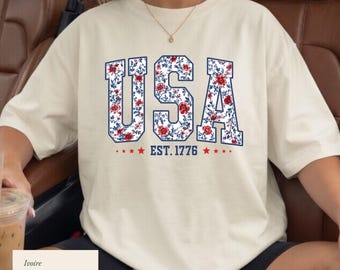 USA Shirt, Flower USA Shirt,  4th of July Shirt, Flower USA Shirt, American Flag Shirt, Patriotic Flower T-Shirt