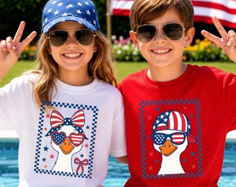 Patriotic Goose 4th of July Kids Shirt, 4th of July Gift, Checkered Goose 4th of July Toddler Tee, Cute Goose Siblings Matching Shirt