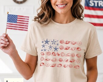 USA Coastal Shell Shirt, American Flag Sea Shell Tee, Patriotic Beach Shirt, 4th of July Tshirt, 250th Anniversary Gift