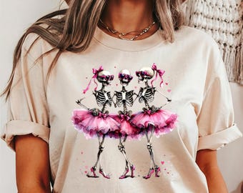 Ballerina Skeletons Comfort Colors Halloween Shirt, Spooky Season Tee Hallowen Day Gift Mom Skeleton Sweat, fun dancing pink ribbon skeleton