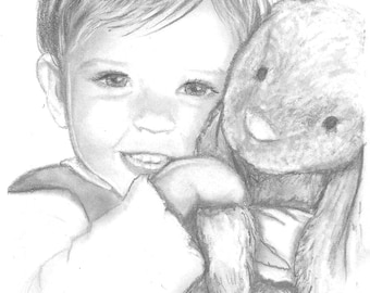 May include: A pencil sketch of a young child smiling and holding a stuffed bunny. The child has short hair and is wearing a light-colored shirt. The bunny is soft and plush, with long ears and a friendly expression.