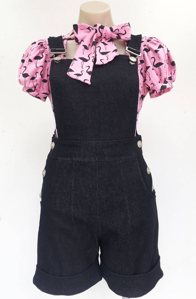 Vintage Western Wear Clothing, Outfit Ideas Annie Black denim short overalls $80.12 AT vintagedancer.com