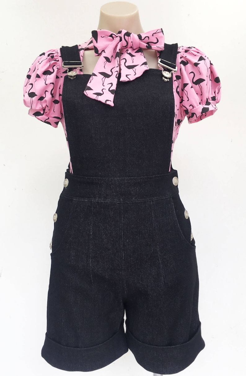 1950s Shorts, Pinup Shorts, Sailor Shorts Annie Black denim short overalls $80.12 AT vintagedancer.com