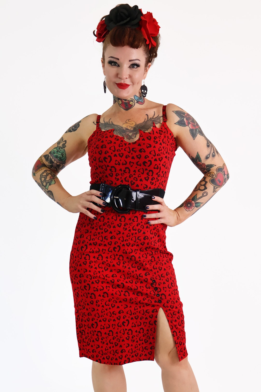 Buffy Red Slit Red Lace Dress