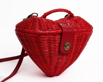 Red Rattan Heart Handbag