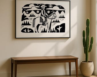 Cowboy a cavallo - Stampa murale western in bianco e nero, opera d'arte rustica del sud-ovest, arredamento minimalista in stile ranch