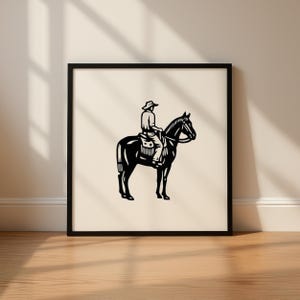 Cowboy on Horse Wall Art – Black and White Western Print, Minimalist Ranch Decor, Rustic Southwestern Artwork