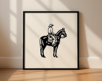Cowboy a cavallo - Stampa murale western in bianco e nero, arredamento minimalista in stile ranch, opera d'arte rustica in stile sud-occidentale