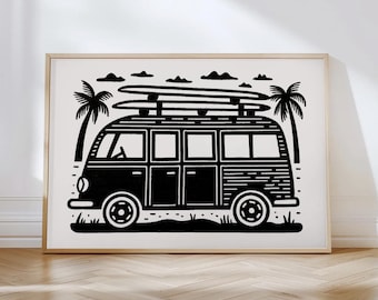 Surf Van Artwork – Coastal Home Decor, Bold Black White Beach Print, Vintage Surfboard Wall Poster