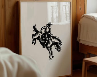 Bucking Bronco Wall Art – Black and White Cowboy on Horse Print, Rustic Western Rodeo Decor, Minimalist Southwestern Artwork