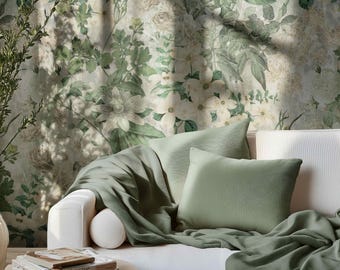 Cream and Green Botanical Peel and Stick Wallpaper, Vintage Floral Mural, Fabric & Vinyl Self Adhesive Wall Decor, Cream Wallpaper 36279823