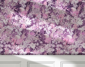 Purple Floral Peel and Stick Wallpaper, Romantic Botanical Wall Mural, Fabric & Vinyl Self Adhesive Wall Decor, Blossom Wallpaper 201234821