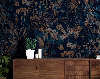 Dark Blue Floral Peel and Stick Wallpaper, Vintage Botanical Wall Mural, Fabric & Vinyl Self Adhesive Wall Decor, Dark Wallpaper 98188989