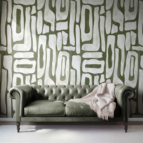 Abstract Green Shape Peel and Stick Wallpaper, Minimal Geometric Wall Mural, Fabric and Vinyl Self Adhesive Wall Decor, Green 01176222