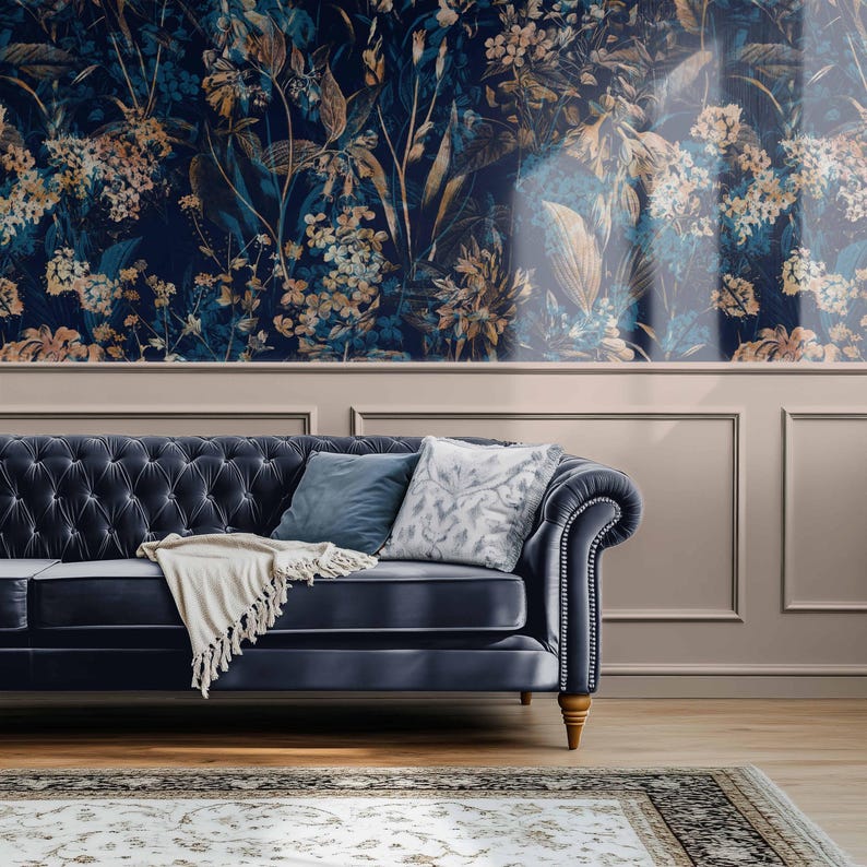 Dark Blue Floral Peel and Stick Wallpaper, Vintage Botanical Wall Mural ...
