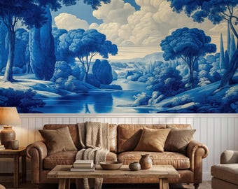 Blue Toile de Jouy Forest Wallpaper, French Scenic Forest, Vintage River Landscape Scenic Mural, Peel and Stick Fabric and Vinyl Wallpaper