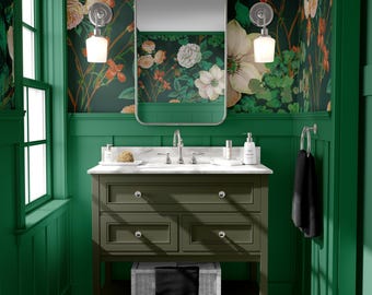 Dark Green Floral Wallpaper, Vintage Botanical Pattern, Classic Garden Flowers, Moody Nature Design, Peel and Stick
