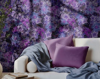 Dark Purple Floral Peel and Stick Wallpaper, Botanical Wall Mural, Fabric & Vinyl Self Adhesive Wall Decor, Dark Purple Wallpaper 09227765