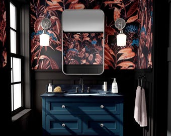 Dark Botanical Peel and Stick Wallpaper, Moody Blue Wallpaper, Fabric & Vinyl Self Adhesive Wall Decor, Copper and Blue Wallpaper 00991092