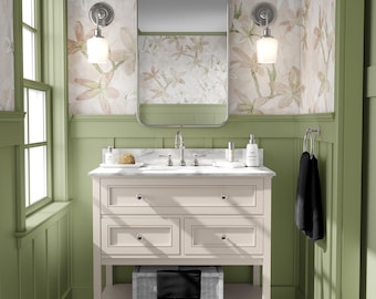 Neutral Beige Floral Wallpaper, Minimal Botanical Pattern, Soft Nature Design, Peel and Stick or Traditional Fabric