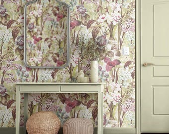 Purple Floral Botanical Peel and Stick Wallpaper, Floral Wall Mural, Fabric & Vinyl Self Adhesive Wall Decor, Botanical Wallpaper 72890913