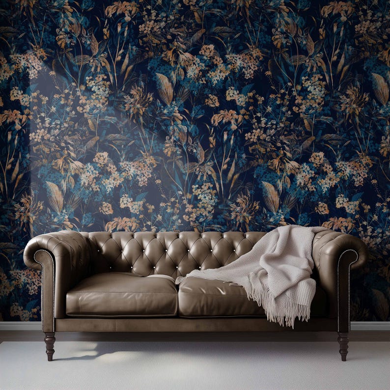Dark Blue Floral Peel and Stick Wallpaper, Vintage Botanical Wall Mural ...