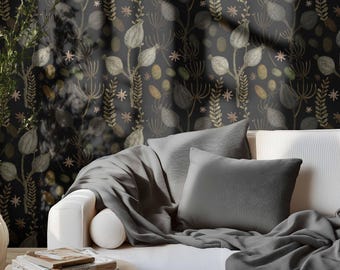 Vintage Moody Peel and Stick Wallpaper, Dried Flowers Vintage Wall Mural, Fabric & Vinyl Self Adhesive Wall Decor, Dark Wallpaper 89200133