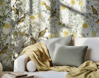 Yellow Bird Botanical Peel and Stick Wallpaper, Floral Wall Mural, Fabric & Vinyl Self Adhesive Wall Decor, Bird Wallpaper 78236811