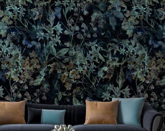 Dark Floral Peel and Stick Wallpaper, Moody Floral Removable Wallpaper, Vintage Botanical Garden, Elegant Night Flower Pattern Decor