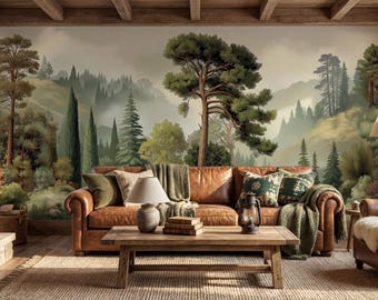 Vintage Forest Landscape Wallpaper, Scenic Woodland Wallpaper, Evergreen Trees Landscape, Classic Nature Wall Art, Peel and Stick Wallpaper