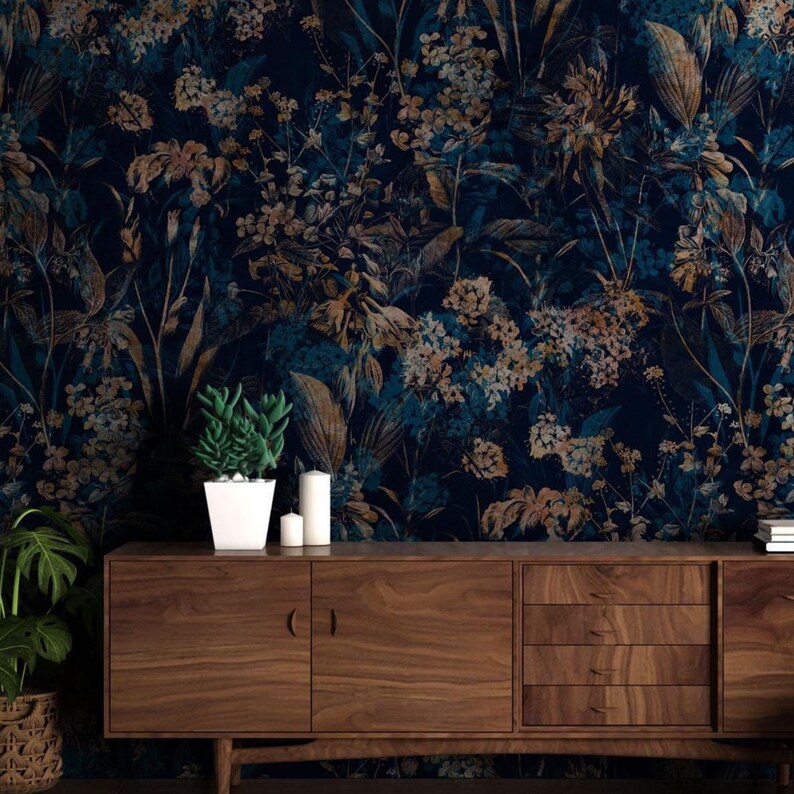 Dark Blue Floral Peel and Stick Wallpaper, Vintage Botanical Wall Mural ...