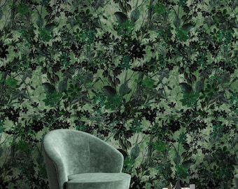 Dark Green Botanical Peel and Stick Wallpaper, Moody Tropical Floral Wallpaper, Self Adhesive Vinyl & Fabric Wall Decor