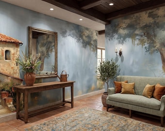 Italian Countryside Scenic Peel and Stick Fabric Wallpaper, Rustic Wall Mural, Mediterranean Tree Wall Mural, Vintage Landscape Wallpaper