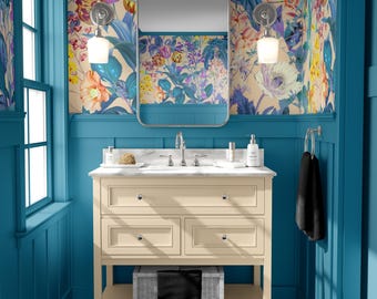 Blue Floral Wallpaper, Artistic Botanical Pattern, Cool Tone Flower Design, Peel and Stick or Traditional