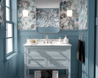 Muted Blue Gray Floral Wallpaper, Vintage Botanical Pattern, Soft Textured Flower Design, Peel and Stick Fabric Vinyl or Traditional