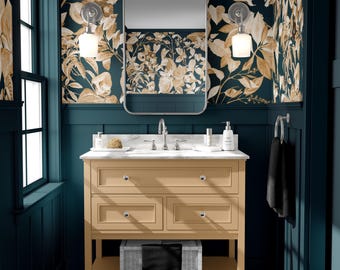 Teal Gold Botanical Wallpaper, Elegant Floral Pattern on Dark Background, Luxury Wall Design, Peel and Stick or Traditional