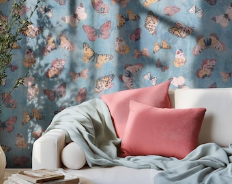 Butterfly Pattern Peel and Stick Wallpaper, Abstract Wall Mural, Fabric & Vinyl Self Adhesive Wall Decor, Soft Blue Wallpaper 76500918
