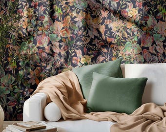 Dark Botanical Peel and Stick Wallpaper, Vibrant Leaf Wall Mural, Fabric & Vinyl Self Adhesive Wall Decor, Watercolor Wallpaper 08987243