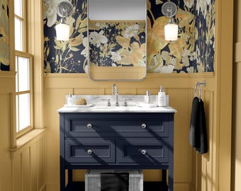 Gold Leaf Botanical Wallpaper on Dark Background, Elegant Floral Pattern, Luxury Leaf Design, Peel and Stick or Traditional Fabric