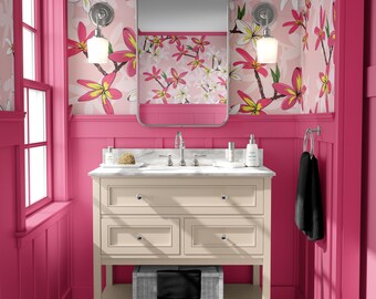 Pink Floral Wallpaper, Hand Drawn Flower Pattern, Modern Botanical Design on Soft Pink Background, Peel and Stick