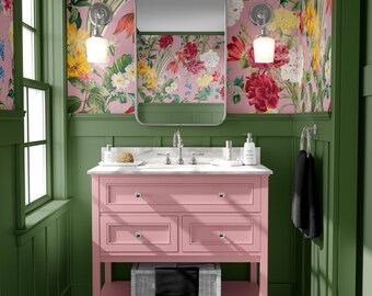 Colorful Floral Wallpaper, Vintage Botanical Garden Design, Bright Flowers on Pink Background, Cottage Style Wallpaper