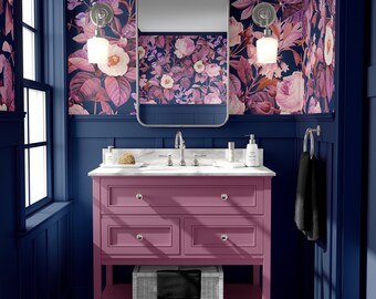 Dark Floral Wallpaper, Vintage Rose Botanical Pattern on Navy Background, Moody Elegant Flower Design, Peel and Stick