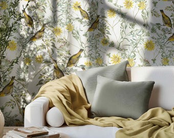 Yellow Bird Botanical Peel and Stick Wallpaper, Floral Wall Mural, Fabric & Vinyl Self Adhesive Wall Decor, Bird Wallpaper 78236811