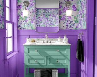 Purple Floral Wallpaper, Soft Lavender Botanical Pattern, Vintage Flower Design on Light Background, Peel and Stick or Fabric