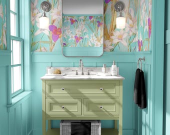 Bright Floral Wallpaper, Colorful Botanical Pattern, Vibrant Garden Design, Peel and Stick or Traditional Fabric