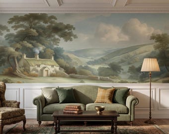 Vintage Countryside Cottage Wallpaper, Scenic Landscape Mural, Peel and Stick Fabric or Traditional Fabric