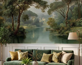 Vintage Forest Lake Wallpaper, Scenic River Landscape Wall Mural, Classic Countryside Mural, Romantic Nature Art, Peel and Stick Wallpaper