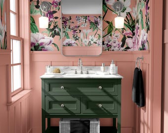 Peach Floral Wallpaper, Vintage Botanical Garden Design, Pink and White Flowers, Elegant Nature Pattern, Peel and Stick or Fabric